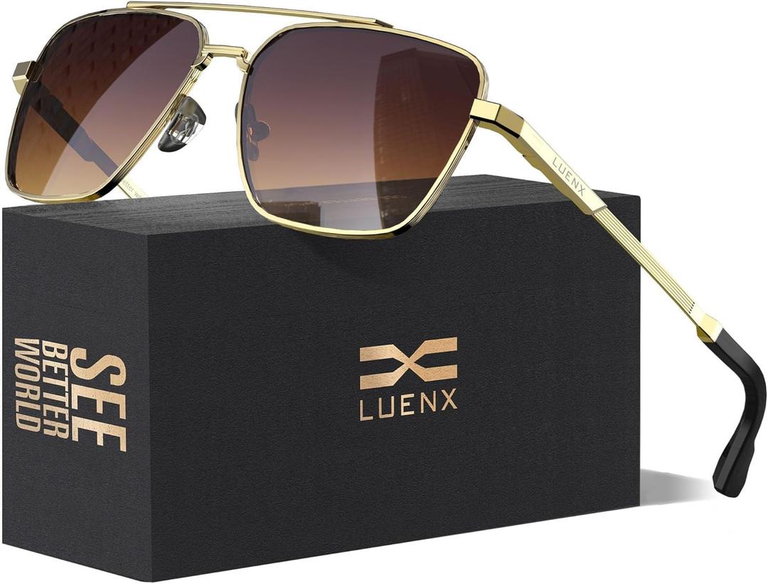LUENX Mens Women Polarized Sunglasses Aviator, Square Polygon Lens Driving UV 400 Protection With Accessories 58mm Small (Gradient Brown Lens/Gold Frame)