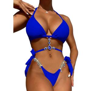 YAUASOPA Women 2PCS Shiny Diamond Bikini Set Tankini Sexy Bra Swimsuit Praty Bathing Suit (Small, Light Blue)