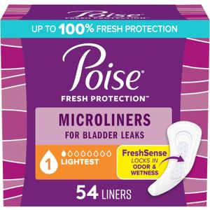 Poise Daily Microliners, Incontinence Panty Liners for Bladder Leaks, 1 Drop Lightest Absorbency, Regular, 54 Count of Pantiliners