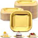 Dandat 100 Pack 7 Inch Paper Square Plates Appetizer Disposable Cake Plates Disposable Lunch Metallic Foil Dessert Tableware for Graduation Birthday Wedding Anniversary Party Supplies (Gold)