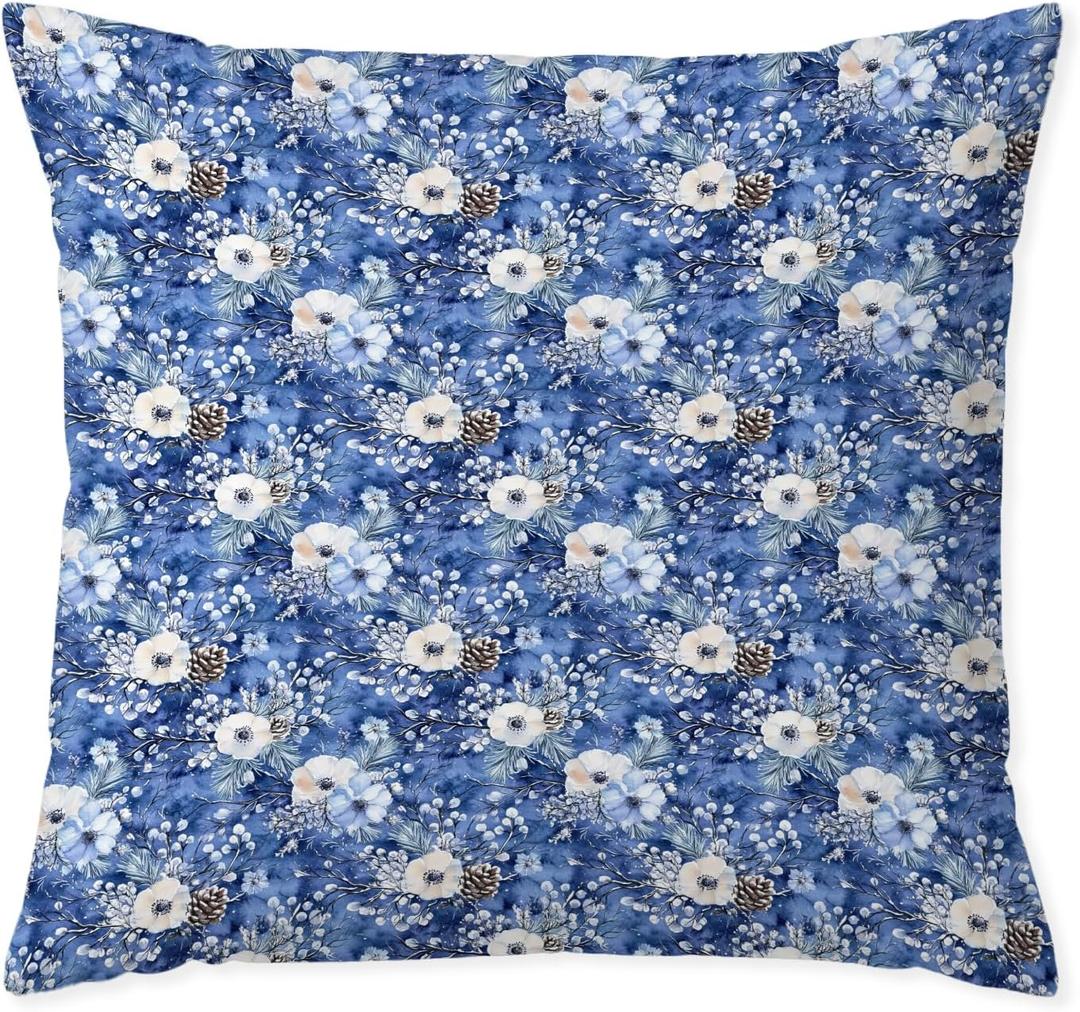 Deep Blue Christmas Flower Pillow Covers 18x18, Winter Christmas Decor, Cottagecore Winter Botanical Decorative Throw Pillow Covers for Couch Sofa Bedroom Living Room Home