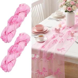 2 Pcs Pink Bow Table Runner, 28 x 118 Inch Pink Bow Tulle Table Runner 9.8 Feet Cute Gauze Dessert Tables Runners for Birthday, Party, Baby Shower, Wedding, Valentine's Day, 72 x 300cm