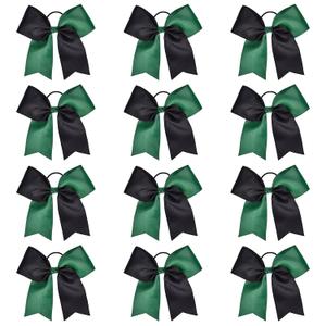 DEEKA 12PCS 8" Two Toned Large Cheer Hair Bows Ponytail Holder Handmade for Teen Girls Softball Cheerleader Sports -Forest Green/Black