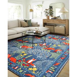 Cute Woodland Forest Bedroom Rug Colorful Indigo Blue Indoor 5x7 Area Rug Light Weight Washable, Modern Abstract Botanical Floral Whimsical Kids Rug Carpet for Nursery Living Room Entryway Kitchen
