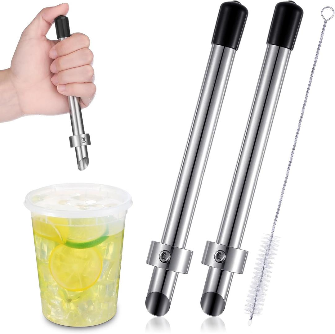 Lasnten 2 Pack Straw Puncher for Plastic Lids Lemonade Cups, Stainless Steel Straw Hole Puncher Punching Tools for Cafe Drinks Deli Container Squeezed Fresh Lemonade Stand Supplies(6.3 Inch,Black)