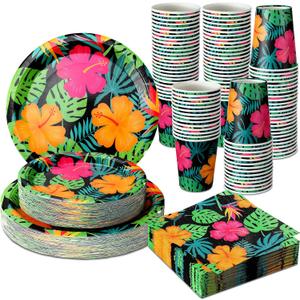 Jingmore 200 Pcs Tropical Nights Hawaiian Aloha Party Supplies Serve 50 Guests Luau Paper Plates Cups Napkins for Summer Beach Tableware Pool Party