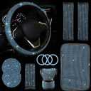 11 Pcs Bling Car Accessories Set,Bling Car Accessories Set for Women,Steering Wheel Cover for Women Universal Fit 15 Inch,Rhinestone Center Console Cover(Cyan)