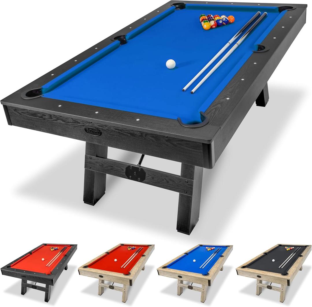 GoSports 7 ft Pool Tables with Wood Finish - Choose Your Style - Modern Billiards Table with 2 Cue Sticks, Balls, Rack, Felt Brush and Chalk, Blue