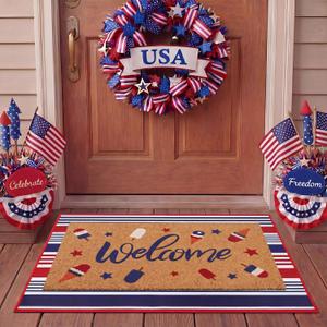 Dunzy 2 Pcs 4th of July Patriotic Doormat 250 Anniversary Outdoor Rug Red White Blue USA Welcome Doormat Ice Cream Non Slip Floor Mat for Independence Day Memorial Day Entrance Front Porch Summer