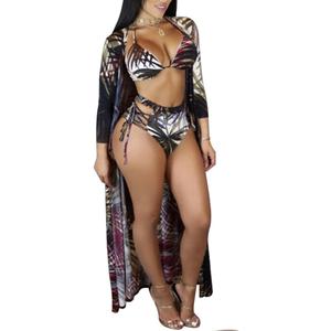 Viottiset Women's Printed 3 Pieces High Waist Bikini Maxi Swimsuit Cover up (Multicolor), S
