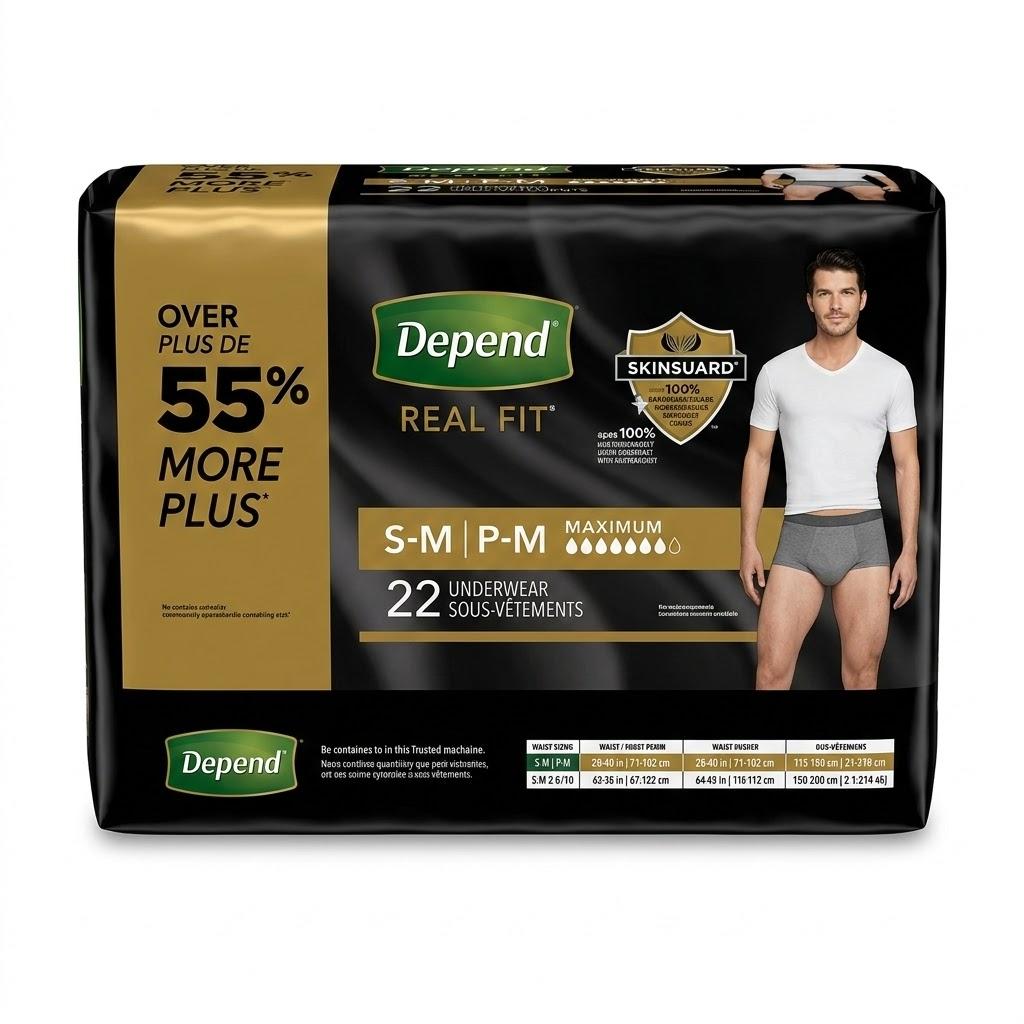 Depend Real Fit Adult Diapers, Incontinence Underwear for Men, Disposable, Maximum Absorbency, Small/Medium, Grey, 22 Count, 