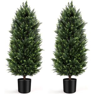 Artificial Cedar Topiary Tree 4FT Set of 2, Outdoor Faux Evergreen Pine Shrubs,Realistic Fake Plants Front Porch Decor,Potted Fake Bushes Cypress Trees UV Resistant for Home Front Door