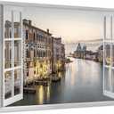 Italy Cityscape Canvas Wall Art: Venice Water City Picture Fake Window Port Town Prints Artwork for Living Room Bedroom Bathroom 16"L x 11"W