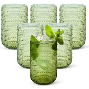 CHLJAR Hobnail Drinking Glasses Set of 6, 14 oz Vintage Glassware Set, Embossed Green Water Tumbler for Beer, Juice, Cocktail, Whiskey, Milk, Green