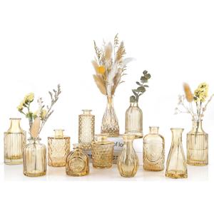 UPBUD Amber Glass Bud Vases Set of 12, Gold Mini Flower Vase for Centerpieces, Small Vases in Bulk for Wedding Decorations, Vintage Vase for Table, Reception, Home Decor