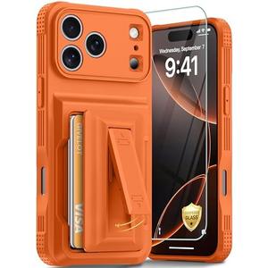 GIVELOT for iPhone 17 Pro Max Case with Card Holder（4-5 Cards）[9H Screen Protector ][Full Camera Protection][RFID Blocking][Hidden Kickstand]Rugged Heavy Duty Wallet Case for iPhone 17 Pro Max, Orange