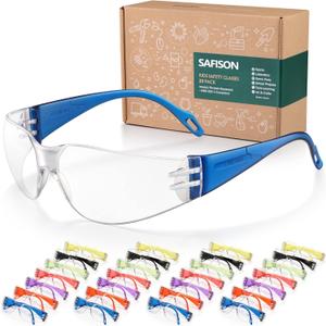 SAFISON 28 Pack Kids Safety Glasses, ANSI Z87.1 Child Size Protective Goggles in 7 Colors, Scratch and Impact Resistant Clear Lens Eyewear with Color Frame for Nerf Party/ Science/ School Projects