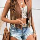 WDIRARA Women's PU Fringe Sleeveless Vest Tassel Faux Leather Open Front 70S Hippie Jacket Cardigan (Brown, L)