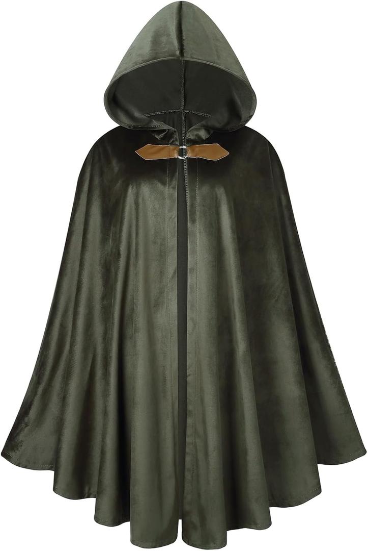 GRAJTCIN Renaissance Hooded Cape Velvet Cloak Victorian Capelet Medieval Hobbit Halloween Costume (51", Green)