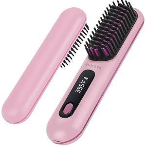 NUMOYA Go Brush Pro Portable Cordless Hair Straightener Brushs for Travel, with 30s Fast Heat, 3 Temperature Settings (Pink)