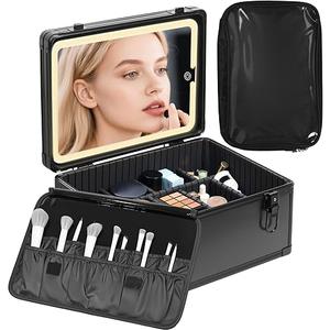CHENGLIN Makeup Case with Lighted Mirror – Waterproof Travel Train Case, Cosmetic Organizer with Adjustable Dividers, Magnetic LED Mirror, Portable Makeup Suitcase for Women, Black