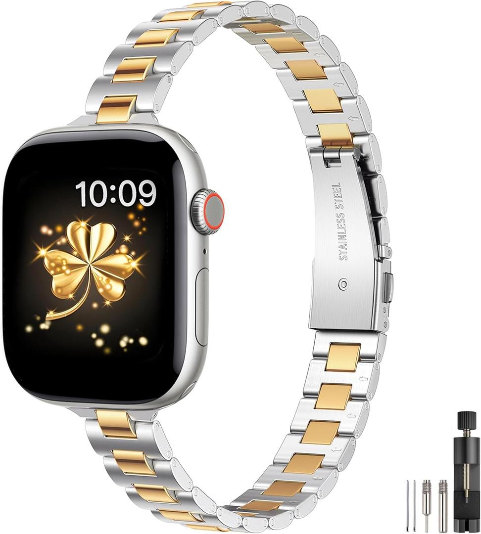 WFEAGL Slim Stainless Steel Band Compatible with Apple Watch 42mm 41mm 40mm 38mm Women, Elegant Dressy Jewelry Bracelet, Thin Lightweight Metal Strap for iWatch Series 11 10 9 8 7 6 5 4 3 2 1 SE, Silver+Gold