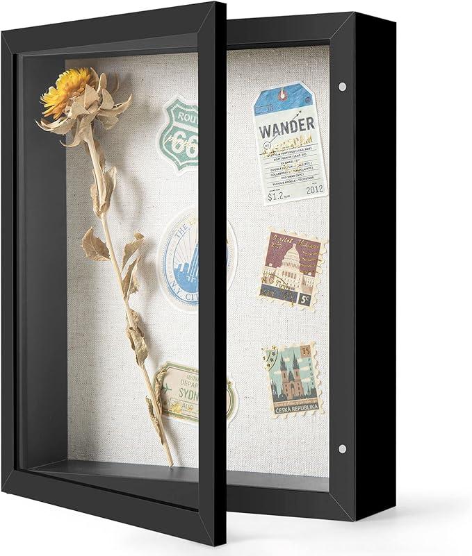 Califortree 8x10 Inch Shadow Box Frame with Linen Backing, Heavy Duty Memory Display Case for Flowers, Pictures, Medals and More, Black