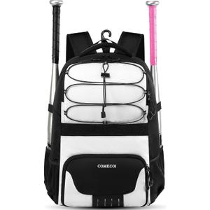 COMECOI Softball Bag, Lightweight Baseball Backpack with Shoes Compartment, Baseball Bat Bags with Fence Hook for TBall Bat & Equipment, for Batting Mitten, Helmet, for Girls, Boys, Youth, Adults (White & Black)