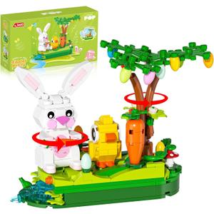 Easter Egg Hunt Bunny Building Rotate Toy Set - Movable Ears Forest Base Running Water Rotating Mechanism to Rotate Bunny Tree, Chick Rabbit Festival Decoration Gifts for Kids Adults Boys Girls 8+