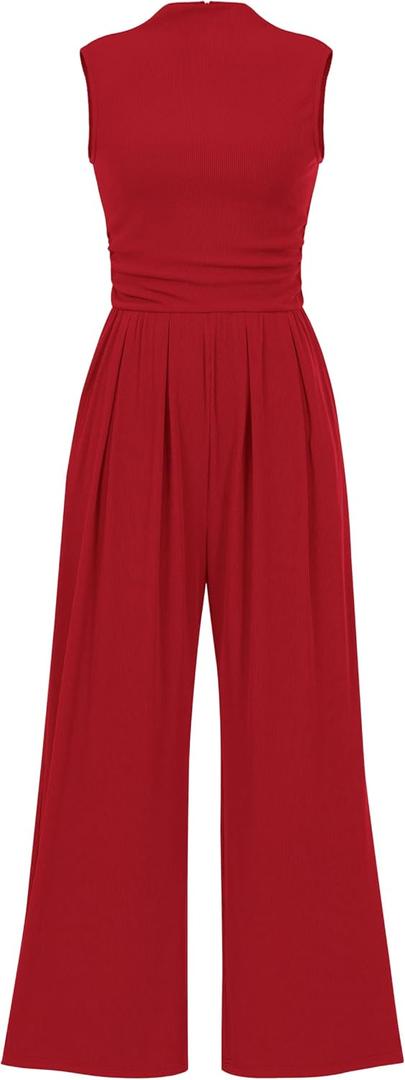 PRETTYGARDEN Womens Summer Jumpsuits Dressy Casual One Piece Outfits Sleeveless Mock Neck Wide Leg Pants Rompers with Pockets (Red, M)