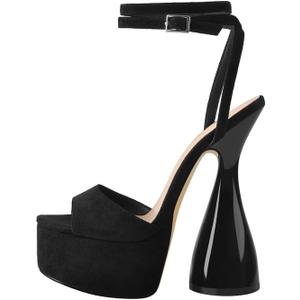 LISHAN Women's Platform Heeled Sandals Slingback Block High Heels (8, Black)