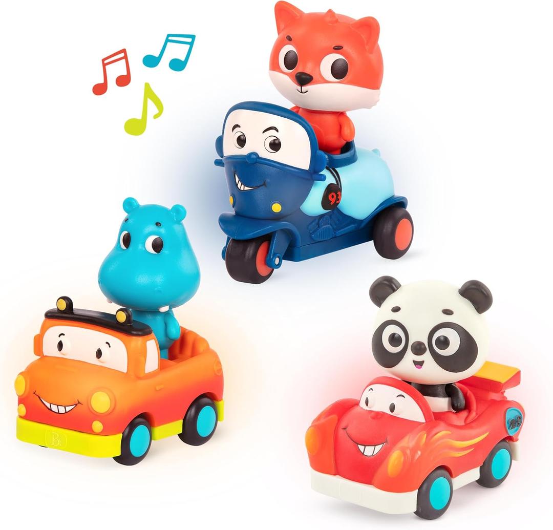 B. toys  Toy Vehicles & Animal Characters  Race Car, Motorcycle, Pick-Up Truck  Toy Cars for Toddlers, Kids  Lights & Sounds  1 Year +  3-Pack Mini Riders (missing one car)