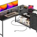 PRAISUN 53" L Shaped Desk with Power Outlets and USB-C Port, Reversible Computer Corner Office Desk with 4 Fabric Drawers and 2 Height-Adjustable Shelves, Large for Gaming Writing Work Study, Black