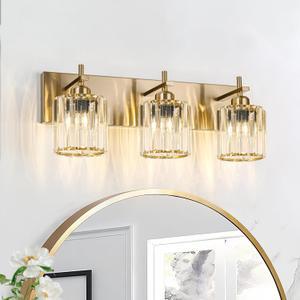 Modern Crystal Bathroom Vanity Lights, Gold 3-Lights Bathroom Light Fixtures Over Mirror, Crystal Wall Lighting with Polished Brass Finish (Gold-Round Shade)