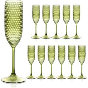 SKLENICE Plastic Champagne Flutes Champagne Glasses Unbreakable Wedding Toasting Glasses Reusable Diamond Glasses Crystal Clear Party Cups Vintage Drinking 5.5 OZ for Wedding (12, Green)