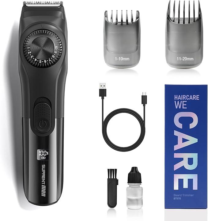 SUPRENT Adjustable Beard Trimmer for Men, Cordless Electric Beard Trimmer with Precision Dial, USB Rechargeable 19 Length Settings Mustache Trimmer for Mens Gifts