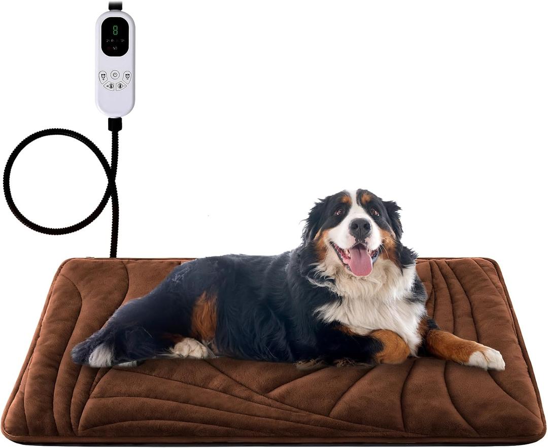 Extra Large Dog Heating Pad with Washable Cover, Soft Plush Pet Heating Pad with 9 Adjustable Temperature, Timer, Chew-Resistant Cord, Waterproof Electric Heated Pet Bed for Dogs, Multi-Pets (XL: 47'' x 28'', Brown)
