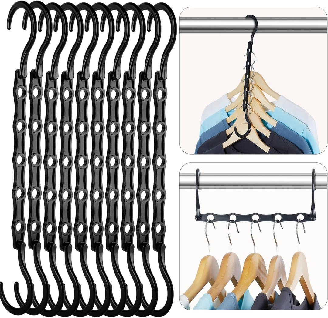 HOUSE DAY Black Magic Space Saving Hangers 10 Pack, Premium Smart Hanger Hooks, Sturdy Cascading Hangers with 5 Holes for Heavy Clothes, Closet Organizers and Storage, College Dorm Room Essentials
