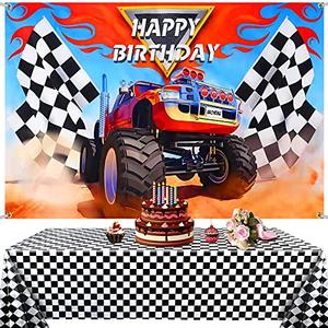 Irenare Monster Truck Party Supplies Include 1 Piece Monster Truck Backdrop 1 Piece Plastic Checkered Flag Tablecloth, Happy Birthday Grave Digger Theme Backdrop Picnic Table Cover for Party