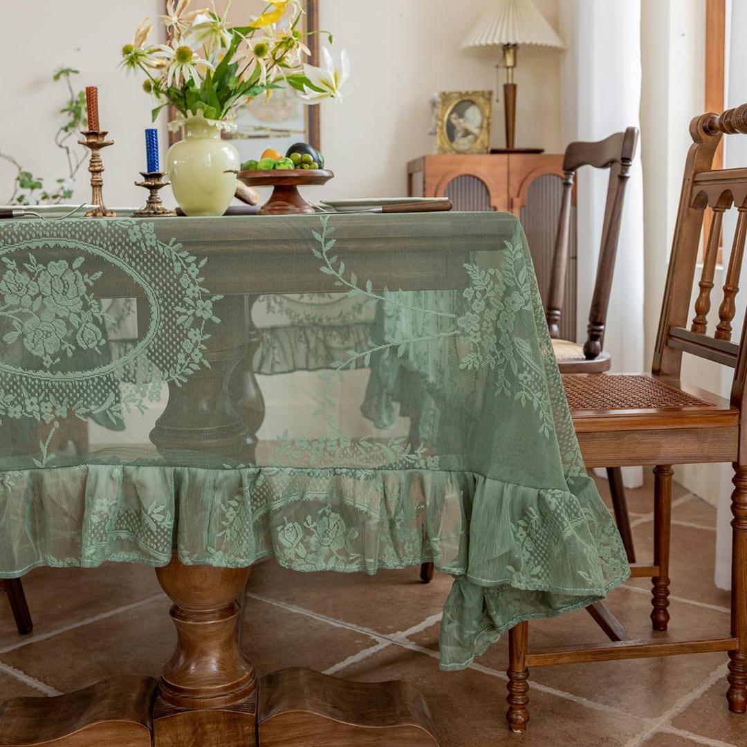 Lace Tablecloth 60 x 102 Inch with Boho Embroidered Floral Design, Vintage Rustic Embroidered Table Cover for Weddings, Parties, Home Decor, and Outdoor Fall Event (Green)
