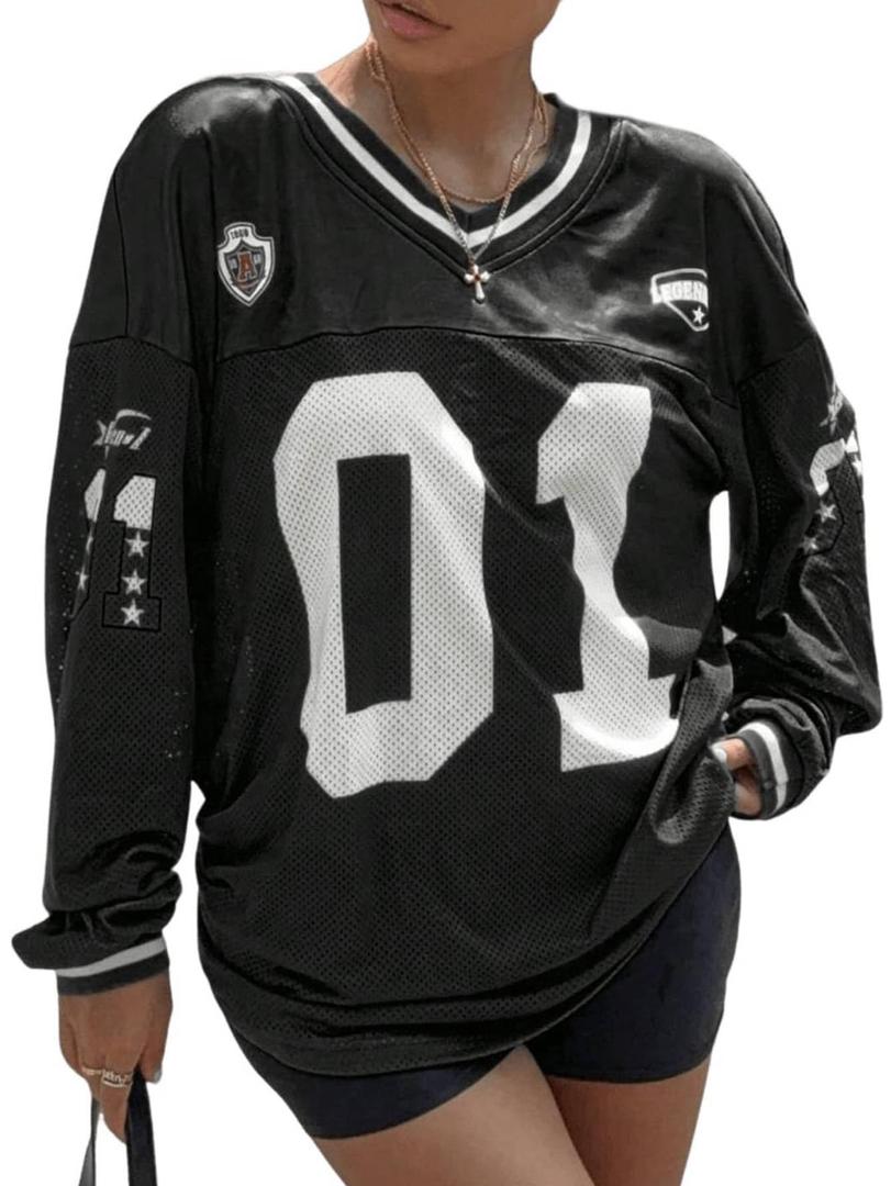 Milumia Women's Mesh Oversized Long Sleeve Jersey Shirt Y2k Number Graphic Tees Blokette T Shirt Top Streetwear Black X-Small (Black, XS)