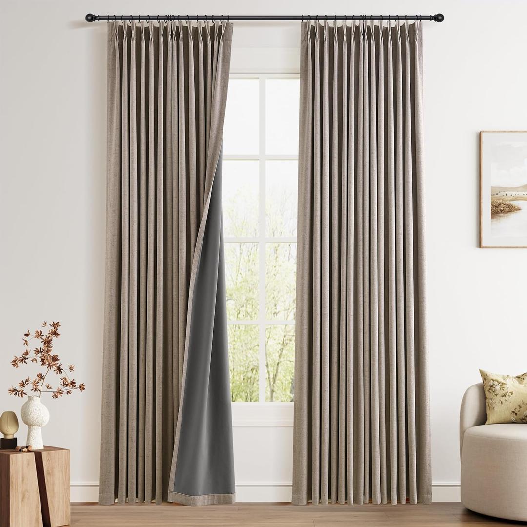 Apricot Pinch Pleated Linen 100% Blackout Curtains 96 Inches Long 2 Panels Insulated Thermal Full Blackout Drapes for Bedroom Living Room Darkening Pinch Pleat Curtains with Hooks Rings Clips 8 FT