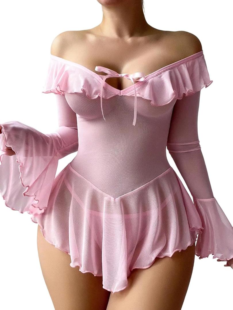 Sexy Lingerie for Women Rave Outfits Clubwear See Through Lingerie Sets Bell Sleeve Ruffle Mesh Tops (Small, Pink)