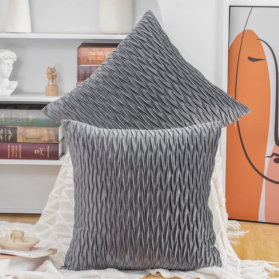 MADIZZ Set of 2 Super Soft Velvet Decorative Throw Pillow Covers 20x20 inch Grey Square with Texture Luxury Style Cushion Case Pillow Shell for Sofa Bedroom
