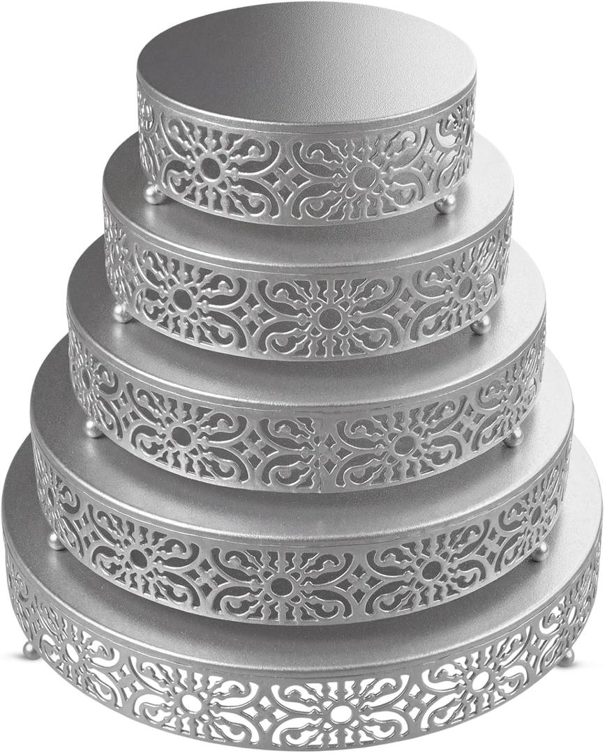 Wenqik 5 Pcs Metal Silver Cake Stand, 16/14/12/10/8 in Round Cake Holder