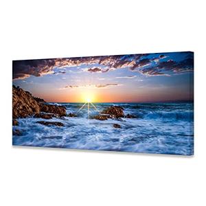 Muolunna BK05862 Wall Art Decor Canvas Print Picture Sunset Blue Ocean 1 Panel Sea Waves Scenery Painting Artwork for Office Wall Decor Home Decoration Stretched and Framed Ready to Hang 24x48inch
