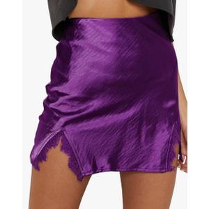 Women's Satin Silky Lace Trim Split Mini Skirt Slit Hem High Waist A-Line Short Skirt Solid Slit Skirts for Women Size M, Violet