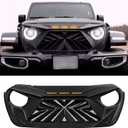 Seven Sparta Front Grill with 3 Amber LED Lights Compatible with 2018-2023 Jeep Wrangler JL JLU Gladiator JT, ABS Mesh Grille (Matte Black)