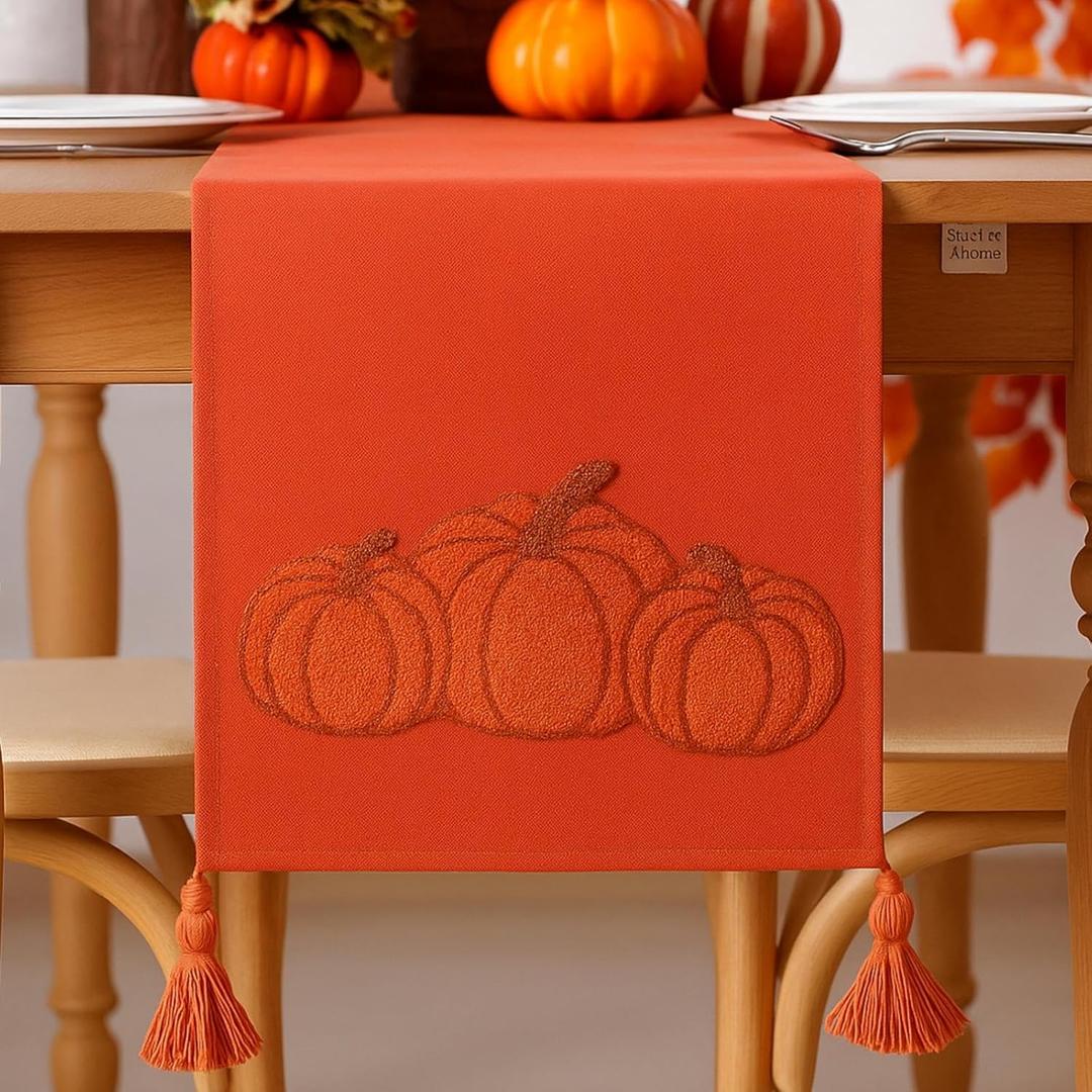 Breling Thanksgiving Pumpkin Table Runner Jacquard Fall Pumpkin Thanksgiving Dinner Table Runner Autumn Harvest Decoration for Kitchen Dining Home Dinner Party 13x72 Inch(Rust)
