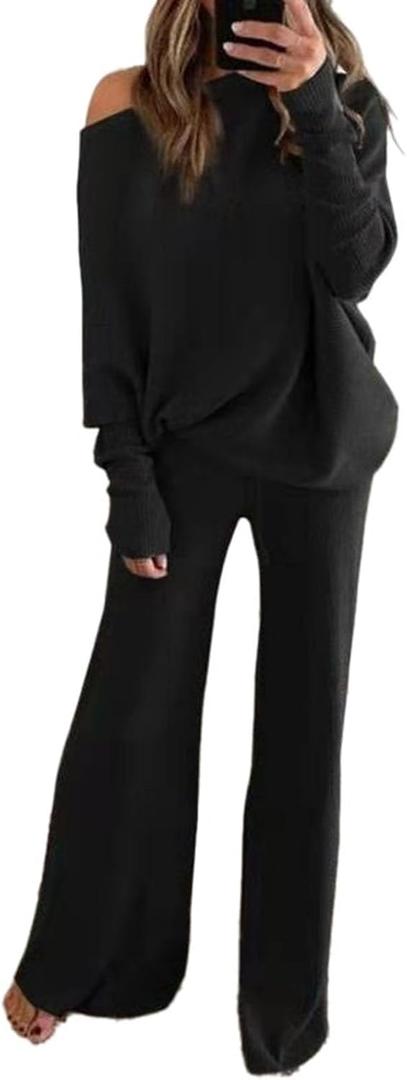 Fixmatti Women's Knitted Outfits 2 Pieces Sweatsuit High Neck Sweater Wide Leg Pant Set (Medium, Zz-black)